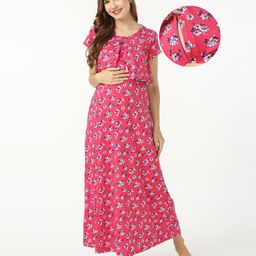 Bella Mama 100% Cotton Knit Half Sleeves Maternity Nighty With Concealed Zipper Floral Print - Pink-picture-37