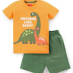 Babyhug Single Jersey Half Sleeves T-Shirt & Shorts With Dino Print - Green & Orange-picture-1