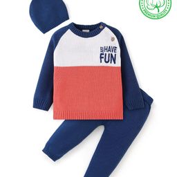 Babyhug Full Sleeves Sweater Set with Cap Colour Block & Text Design - Multicolour-picture-1