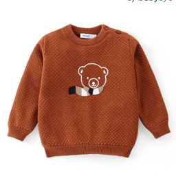 Babyoye Cotton Knitted Full Sleeves Pullover Sweater with Teddy Bear Embroidery - Brown-image-39