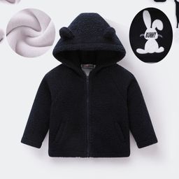 Kookie Kids Full Sleeves Hooded Fur Jacket with Bunny Patch & 3D Applique - Navy Blue-image-96