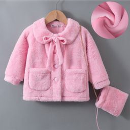 Kookie Kids Full Sleeves Collar Neck Front Open Winter Fur Jacket with Bow & Sling Bag - Pink-24