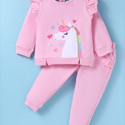 ToffyHouse 100% Cotton Knit Full Sleeves Top & Trouser Pant Set with Frill Detailing & Unicorn Embroidery - Pink-image-39