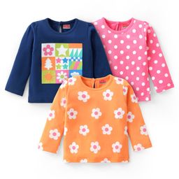 Babyhug Cotton Knit Full Sleeves T-Shirt with Floral & Polka Dots Print Pack of 3 - Navy Blue  Pink & Orange-picture-14