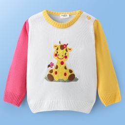 Doodle Poodle Knitted Full Sleeves Pullover Sweater With Giraffe Patch Detailing - White-image-76