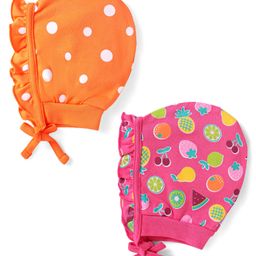 Babyhug 100% Cotton Knit Polka Dots & Fruit Printed Caps Pack of 2 - Orange & Pink-image-70