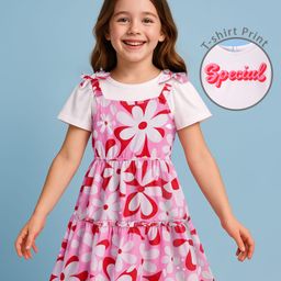 Pine Kids Cotton Knit Floral Print Frock with Half Sleeves Inner Tee - Pink & White-picture-31