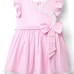 Babyoye Poplin Woven Frill Sleeves Frock With Lace Detailing & Bow Applique - Pink-picture-1
