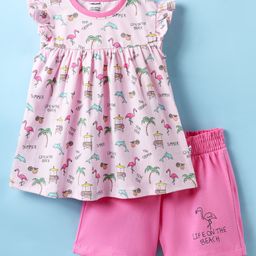 CUCUMBER Sinker Knit Frill Sleeves Frock & Bloomer with Flamingo Print - Pink-picture-25