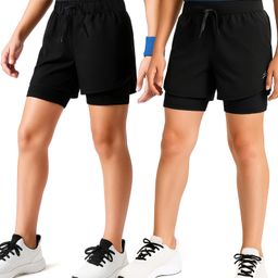 Pine Active Ultra Light Woven Above Knee Length Solid Color Shorts with High Stretch Inner Tights - Black-image-66