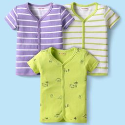 Kookie Kids Interlock Knit Half Sleeves Front Open Jhablas with Stripes Print Pack of 3 - Purple & Neon Green-image-88