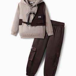 OLLINGTON ST. Textured Knit Full Sleeves Hooded Sweatshirt & Joggers Set with Print - Beige & Brown-image-64