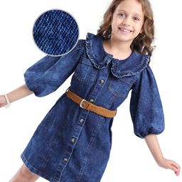Hola Bonita Cotton Woven Three Fourth Sleeves Peter Pan Collar Solid Dress & Belt - Blue-image-67