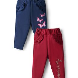 Doodle Poodle 100% Cotton Knit Full Length Leggings with Butterfly & Text Glitter Print Pack of 2 - Navy Blue & Maroon-image-58