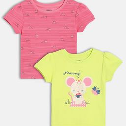 MINI KLUB Cotton Knit Pack Of 2 Half Sleeves Mouse Printed Tops - Pink & Yellow-image-53