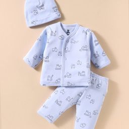 I Bears Interlock Knit Full Sleeves Front Open Co-Ord Night Suit With Vehicle Print & Cap - Light Blue-11