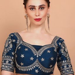 SALWAR STUDIO Embroidered Silk Sweetheart Neck Saree Blouse-image-33