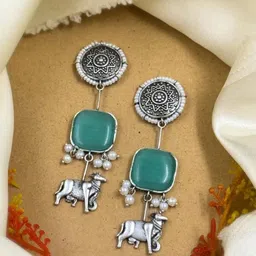 NAMAN ARTS Silver-Plated Stones Studded & Beaded Animal Shaped Oxidised Drop Earrings-image-57