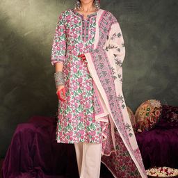 Indo Era Floral Printed Pure Cotton Straight Kurta With Trousers & Dupatta-picture-52