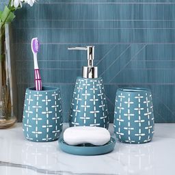 TAYHAA Teal & White 4 piece Geometric Resin Bath Accessories Set-15