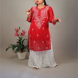 Hahat Closet Chickenkari Mirror Work Round Neck Kurta-image-89