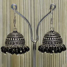 JEWELOPIA Silver-Plated Artificial Beaded Oxidised Dome Shaped Jhumkas-picture-7