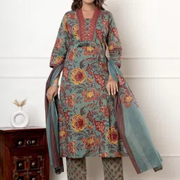 Swasti Women Floral Printed Regular Sequinned Pure Cotton Kurta with Trousers & With Dupatta-picture-25