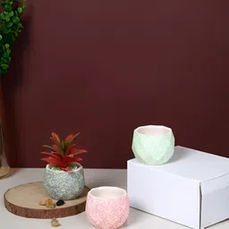 TAYHAA Grey & Pink 3 Pieces Speckled Faceted Printed Ceramic Planters-image-27
