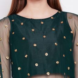 studio rasa Green & Gold-Toned Sequin Embroidered Net Cape Crop Top image 2