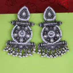 MEENAZ Silver-Plated Oxidised Stone Studded & Beaded Contemporary Shaped Drop Earrings-image-81