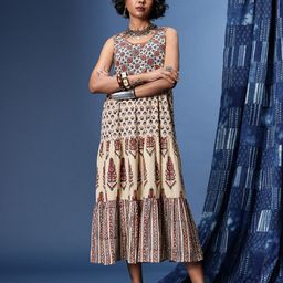 Taavi Floral Printed Gathered or Pleated Bagru A-Line Ethnic Dresses-image-92