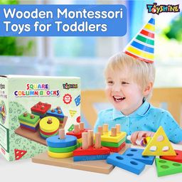 Toyshine Wooden Building Blocks Shapes Square Column Blocks Sorting & Stacking Toys For Kids Toddlers For 1 2 3 Year Old -Multi Color,1 Piece image 4