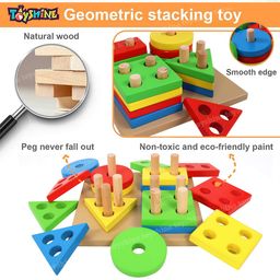 Toyshine Wooden Building Blocks Shapes Square Column Blocks Sorting & Stacking Toys For Kids Toddlers For 1 2 3 Year Old -Multi Color,1 Piece image 3