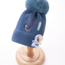 Babyhug Pom Pom Woollen Cap Smiley Embroidery - Blue-image-56