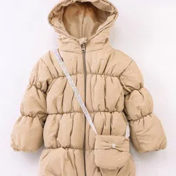 Little Kangaroos Taffeta Full Sleeves Solid Quilted Winter Jacket With Bag- Beige-picture-5
