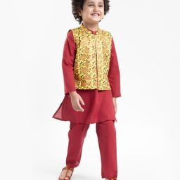 Babyhug Cotton Woven Full Sleeves Solid Kurta & Pajama Set with Floral Print Jacket - Red & Yellow-image-71