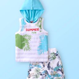 Babyhug Single Jersey Knit Sleeveless T-Shirt & Shorts with Tropical & Text Print - White & Blue-image-28