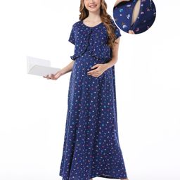 Bella Mama Cotton Knit Half Sleeves Concealed Zipper  Floral Printed Nighty - Navy Blue-picture-12