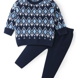 Babyhug Knit Full Sleeves Sweater Set with Argyle Design- Blue-image-37