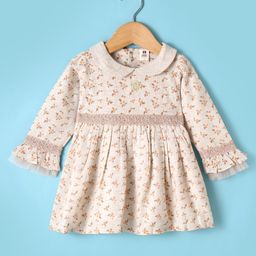 ToffyHouse 100% Woven Cotton Yarn Dyed Full Sleeves Peter Pan Collared Frock With Floral Print - Cream-picture-28