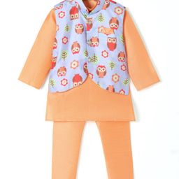 Ridokidz Full Sleeves Solid Kurta Pyjama With Owl Printed Jacket - Mango Orange-image-47