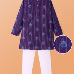 Pine Kids Cotton Woven Full Sleeves Floral Print & Striped Kurta Pyjama Set - Violet-image-84
