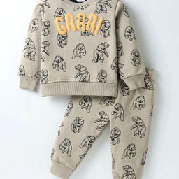 Smarty Boys Premium Stretch Fleece Knit Full Sleeves Winter Wear Co-Ord Night Suit With Bear Print - Tan-image-87