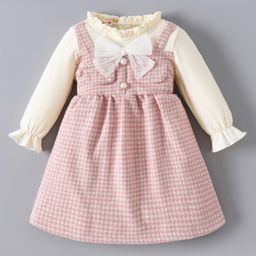 Kookie Kids Full Peasant Sleeves Checkered Frock With Bow Applique - Pink-image-93
