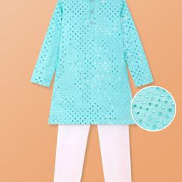 Pine Kids Woven Full Sleeves Kurta Pyjama Set with Mirror Work - Light Blue-image-5