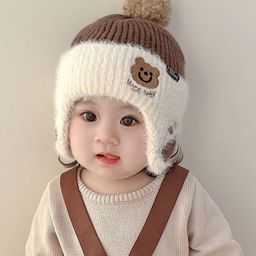 Ziory Wool Bear Designed & Pompom Embellished Earflap Cap - Brown-26