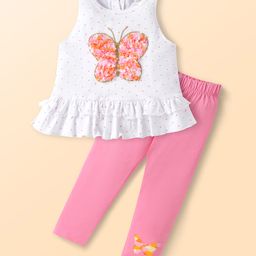 Babyhug Single Jersey Knit Sleeveless Polka Dot Printed Top & Butterfly Printed Legging Set With Butterfly Applique - White & Pink-image-24