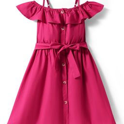 Pine Kids Poplin Woven Cold Shoulder Sleeves Solid Color Front Open Dress with Frill Detailing - Dark Pink-image-96