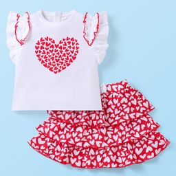 Babyhug Single Jersey Knit Frill Sleeves Top & Skirt Set With Heart Print - White & Red-image-79