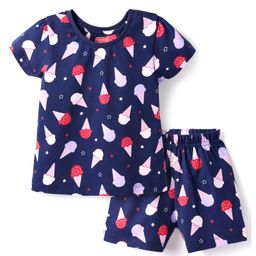 Babyhug Cotton Knit Half Sleeves Shorts Nightsuit With Ice Cream Print - Navy Blue-image-100